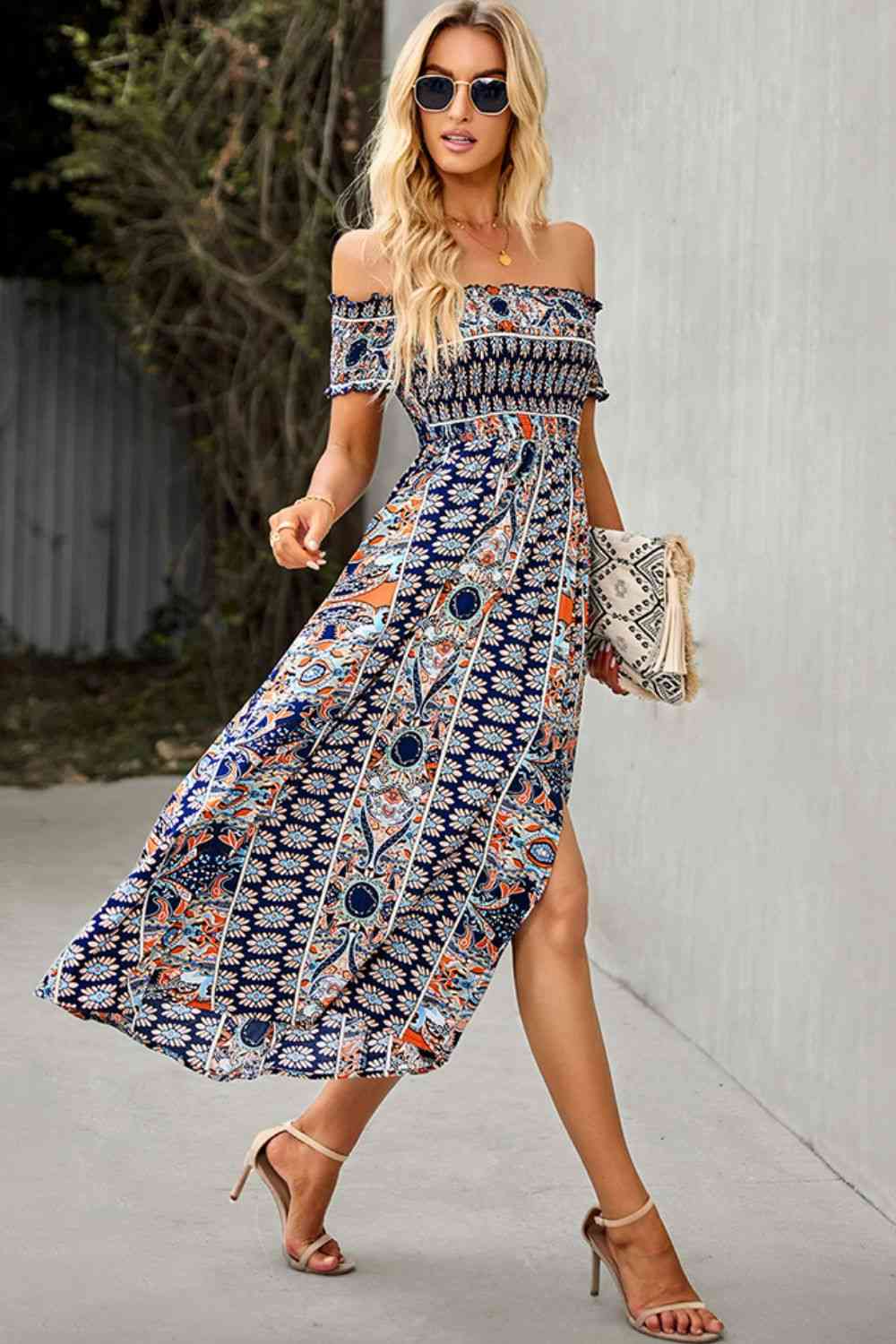 Miami Off-Shoulder Frill Trim Split Dress