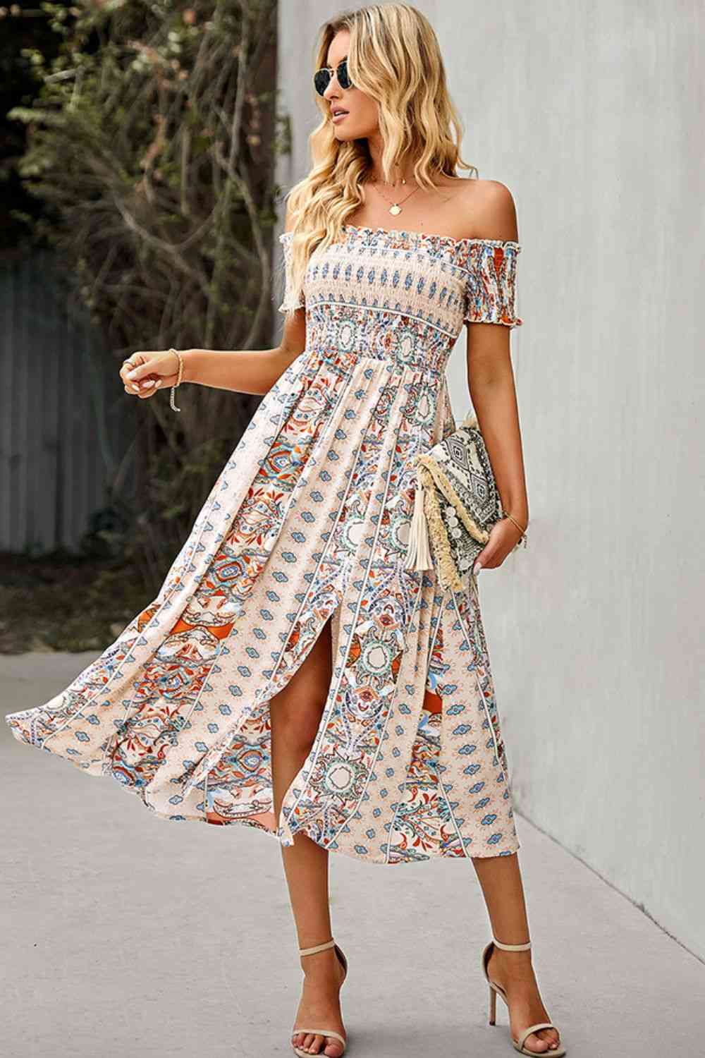 Miami Off-Shoulder Frill Trim Split Dress