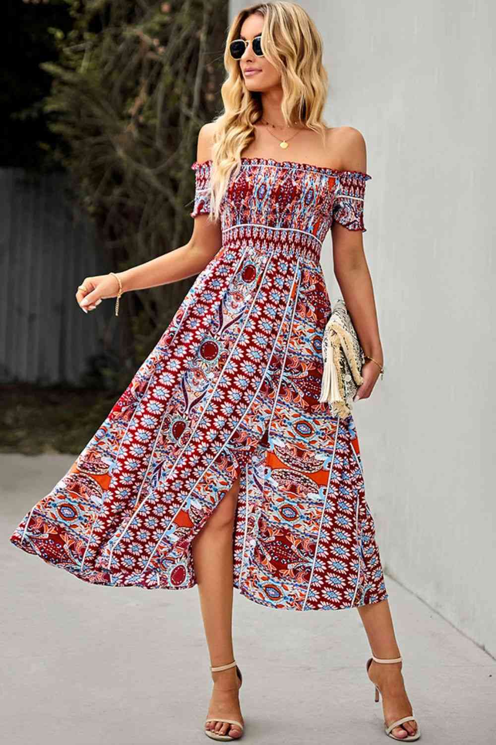 Miami Off-Shoulder Frill Trim Split Dress