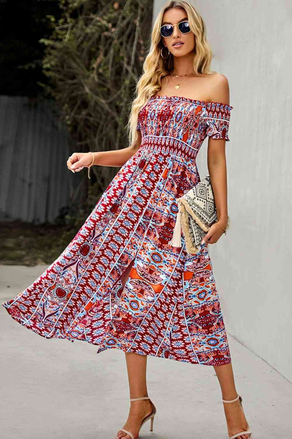 Miami Off-Shoulder Frill Trim Split Dress