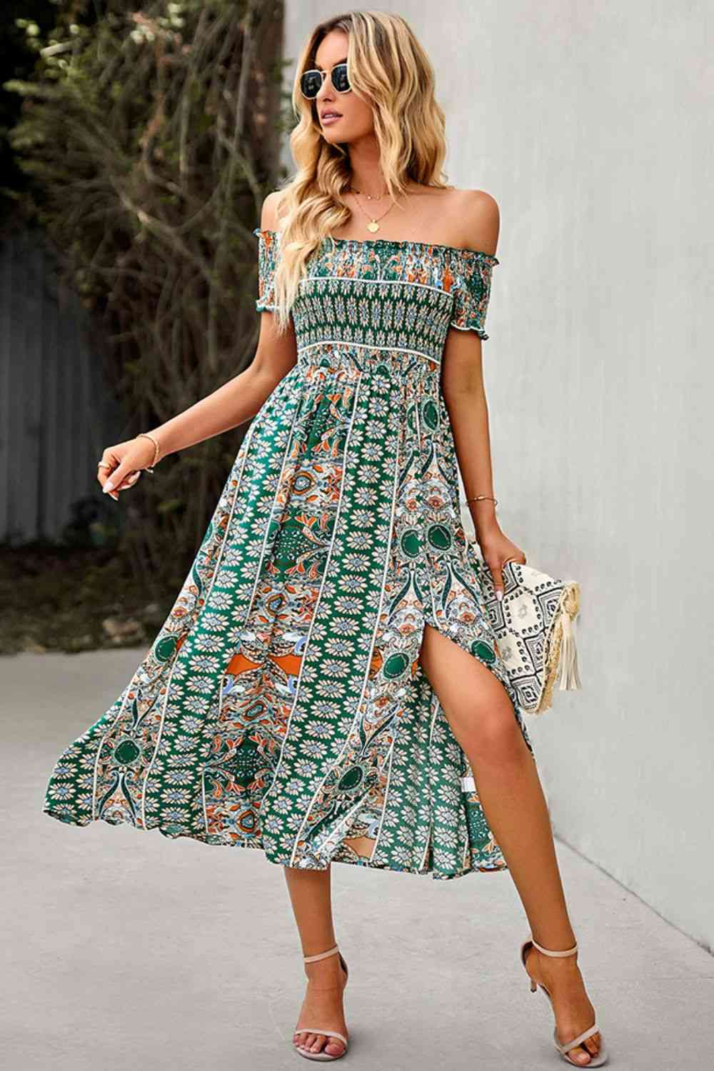 Miami Off-Shoulder Frill Trim Split Dress