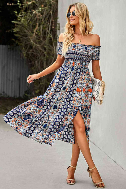 Miami Off-Shoulder Frill Trim Split Dress