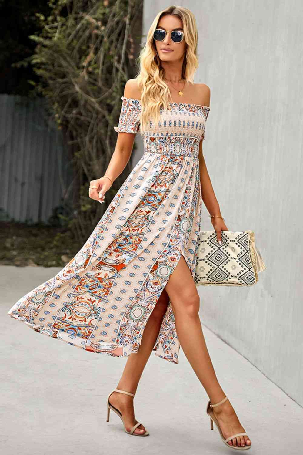 Miami Off-Shoulder Frill Trim Split Dress